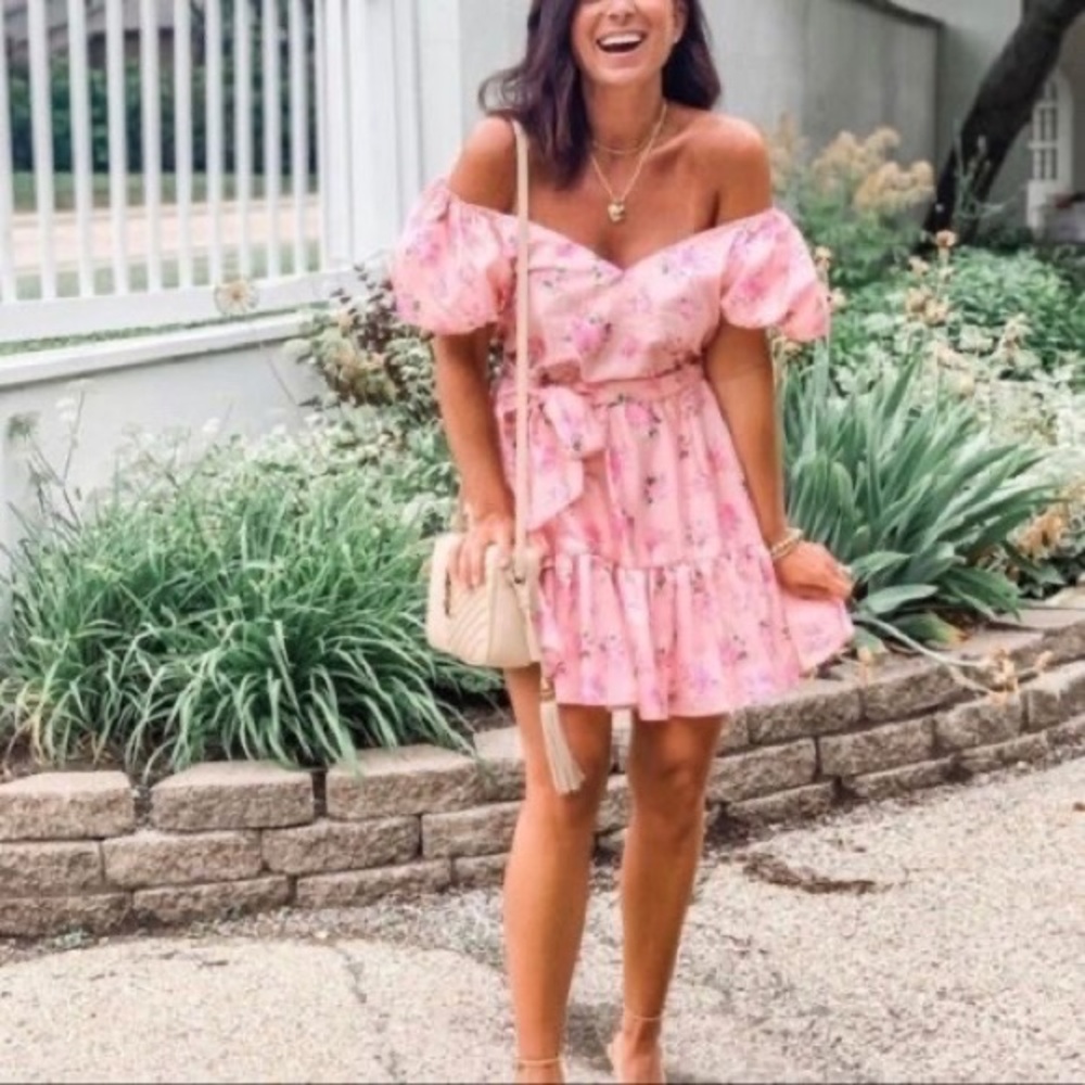 NWOT LoveShackFancy Cecile Puff Sleeve Pink Floral OffShoulder Ruffle Mini Dress